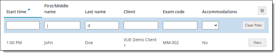 Roster filtered by multiple columns for standard test center.